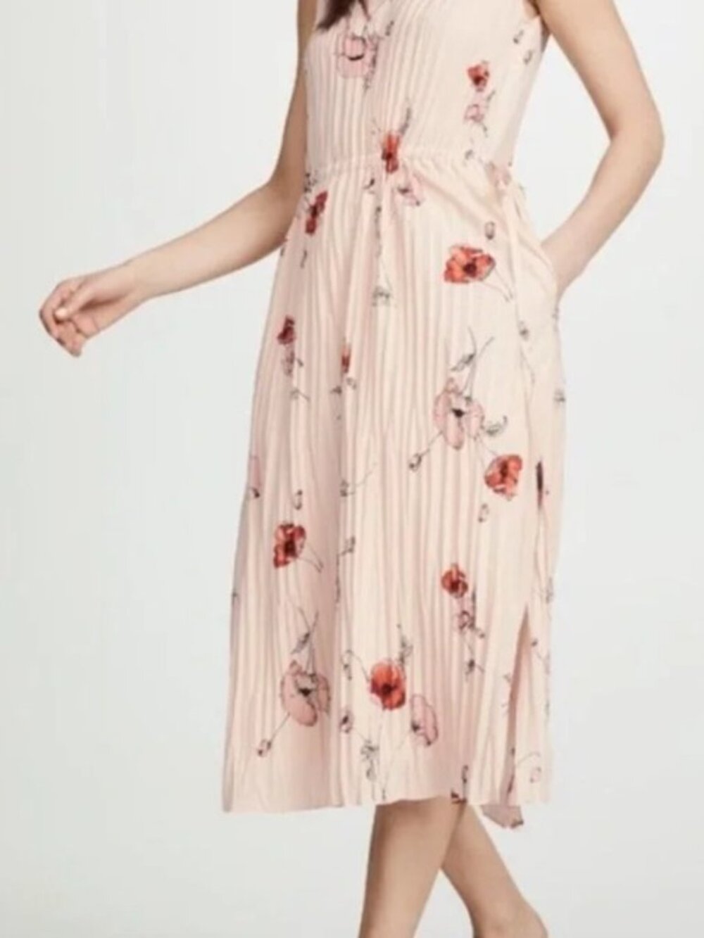 VINCE Tossed Poppy Accordion Pleat Midi Dress Floral Sleeveless